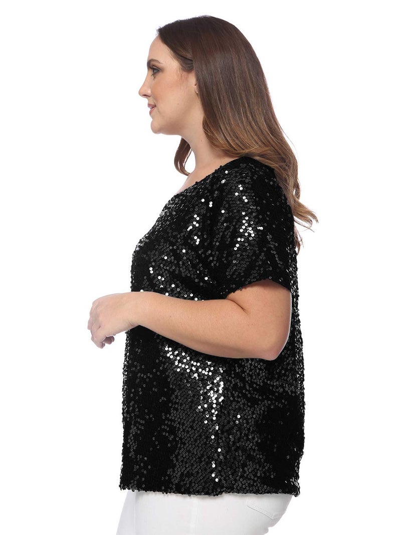 Anna-Kaci Women's Plus Size Sequin Sexy One Shoulder Short Sleeve Party Club Top, Black, 2X-Large - Image 4